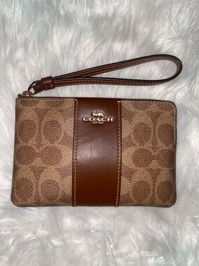 Coach Brown Signature Canvas Wristlet with Leather Stripe
